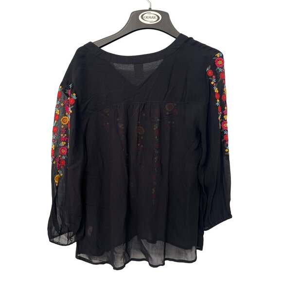 Bila Embroidered Floral Sheer Blouse Womens M 3/4 Sleeve Black Hippie Fairygoth - Picture 2 of 6